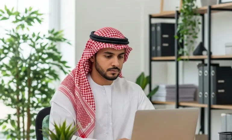 موظف يعمل عن بعد من مكتبه وتستخدم الإدارة أداة بيك تايم لتتبع وقت عمله والمهام بدقة.