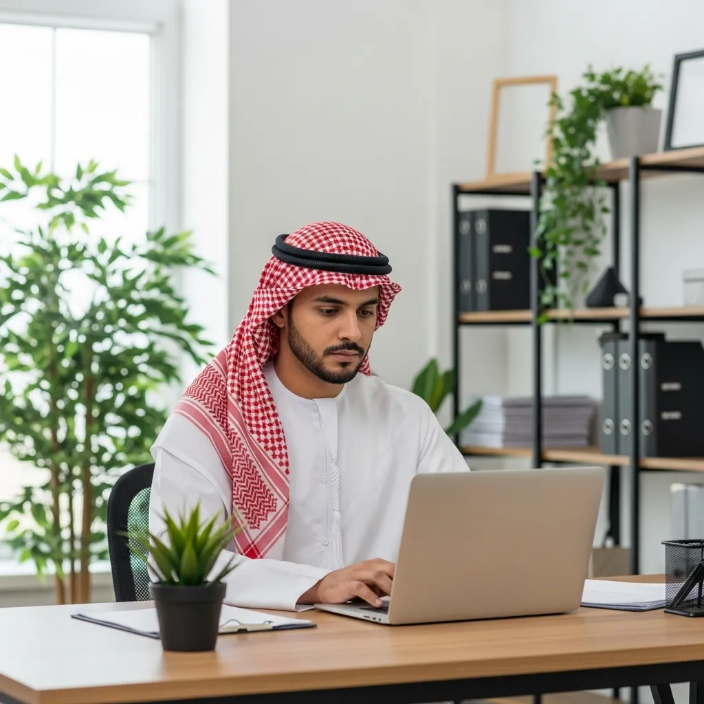 موظف يعمل عن بعد من مكتبه وتستخدم الإدارة أداة بيك تايم لتتبع وقت عمله والمهام بدقة.