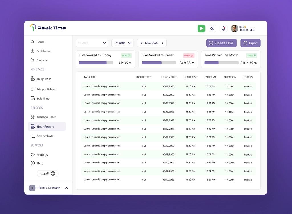 Sample project report created using PeakTime's time and task tracking tool