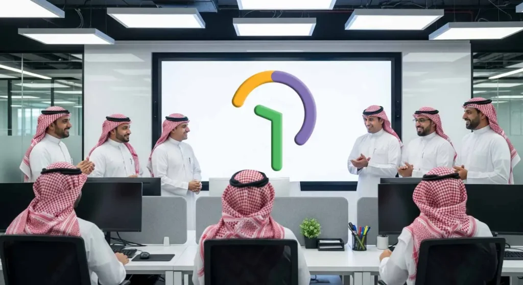 مجموعة من الرجال يرتدون الزي السعودي بيئة عمل حديثة. يجتمعون حول شاشة تظهر شعارًا بيك تايم، بعد  اعتماد رسمي من وزارة الموارد البشرية السعودية كمنصة لخدمات العمل عن بعد