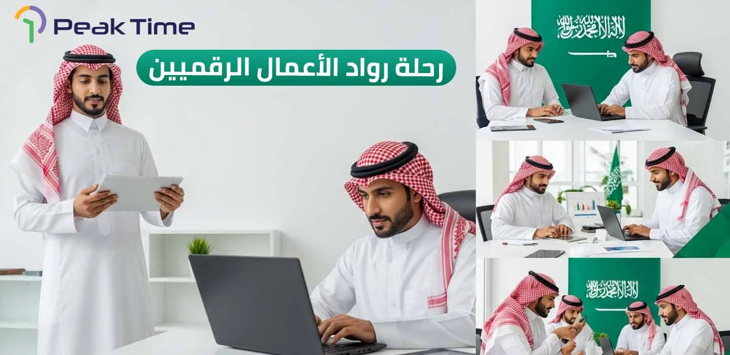  تظهر عدة لقطات لرواد أعمال سعوديين يرتدون الزي الوطني أثناء العمل الجماعي ومناقشة الأفكار.
