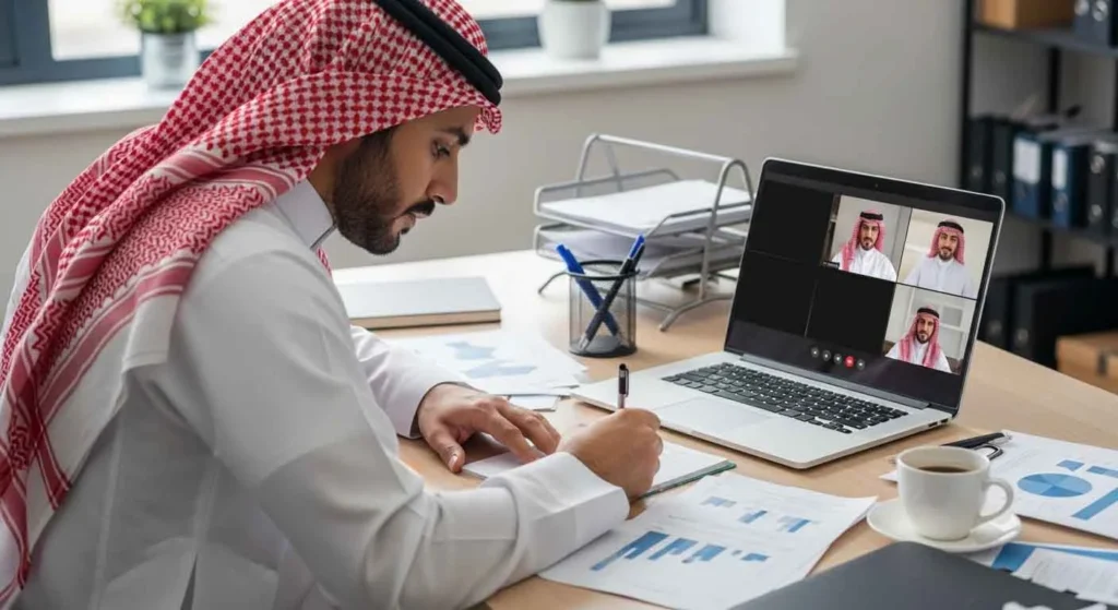 مواطن سعودي يعمل عن بعد على جهاز لابتوب، يجلس على مكتب ويشارك في اجتماع فيديو مع ثلاثة زملاء، مما يعكس تزايد العمل عن بعد في السعودية.