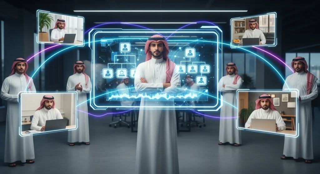 مشهد يجمع رجالاً يرتدون الثوب السعودي مع عرض رقمي مُضاء يبرز الهيكل التنظيمي للمؤسسة، مؤكداً على الترابط والقيادة الفعالة.