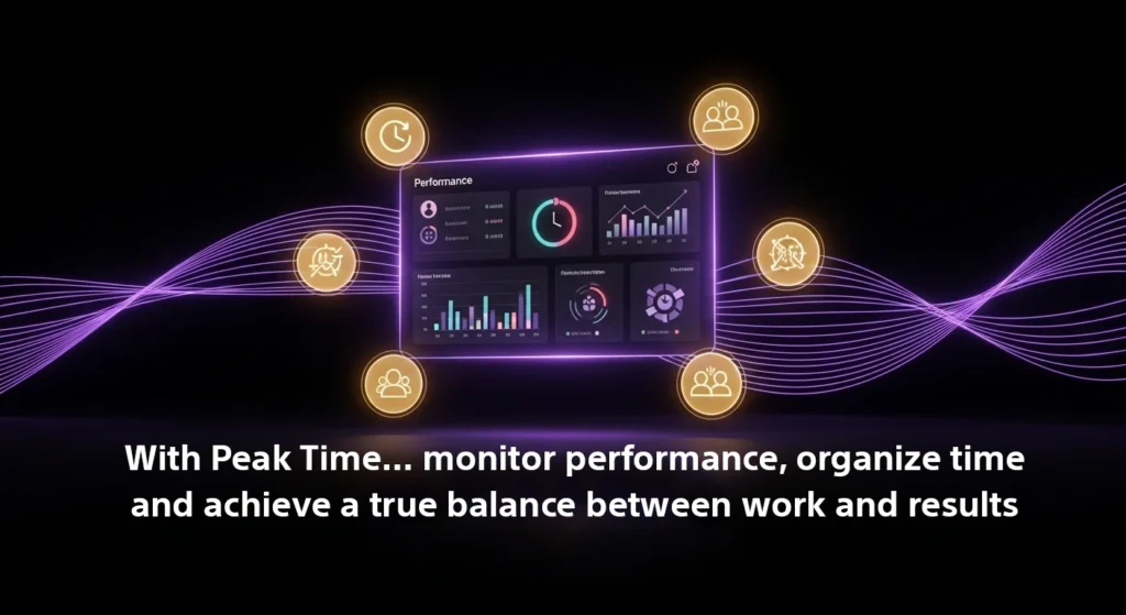A digital dashboard displays performance metrics and results, showing that the "Peak Time" tool organizes time and balances work with outcomes.