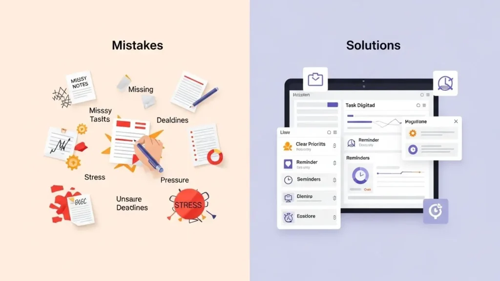 The image contrasts common task management Mistakes (like messy notes, missing deadlines, and stress) with the Solutions provided by modern digital tools (like clear priorities and organized reminders).