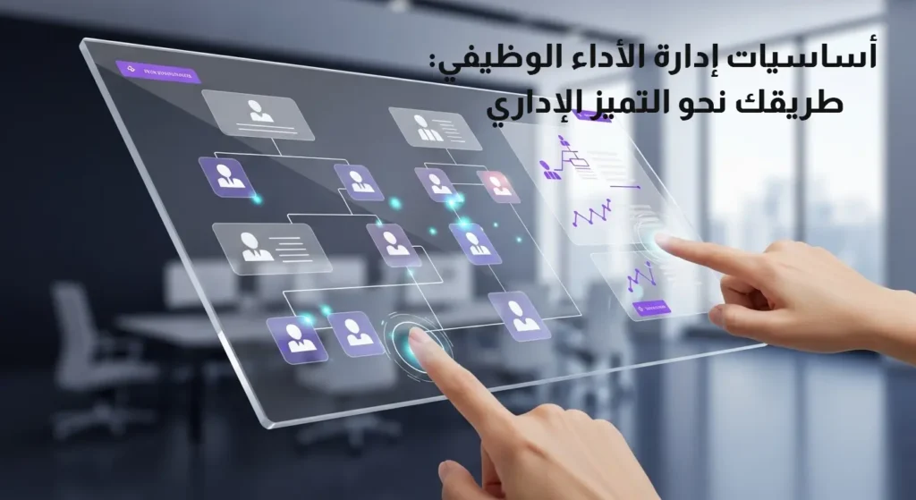 رسم توضيحي يظهر شاشة تفاعلية حديثة تعرض هيكلاً تنظيمياً وبيانات إدارية، مع نص باللغة العربية يقول: "أساسيات إدارة الأداء الوظيفي: طريقك نحو التميز الإداري".