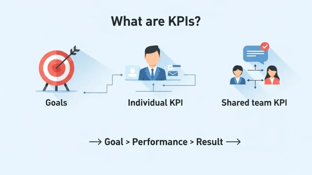 Infographic of individual and team KPIs, showing the process of linking goals to performance to achieve desired results.