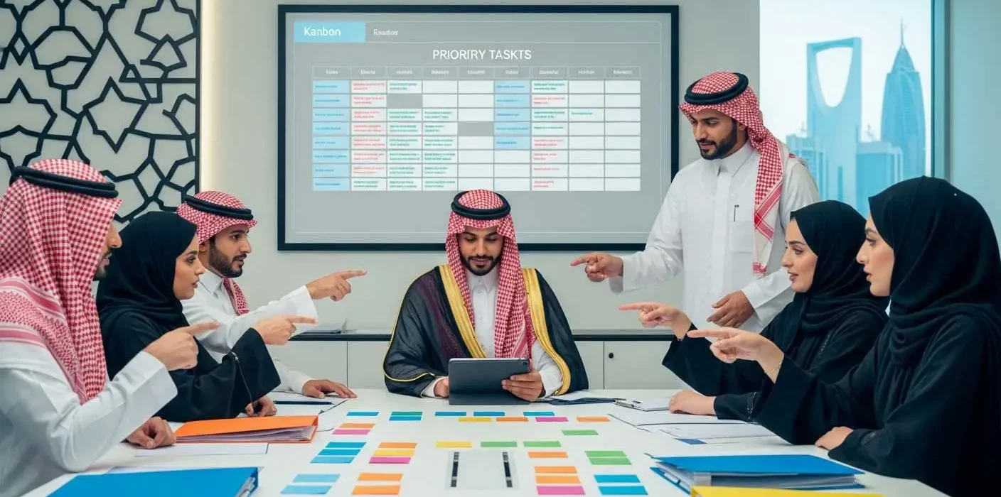 A team in traditional attire actively prioritizes tasks in a meeting. A digital "PRIORITY TASKS" board is visible, guiding their focused discussion and pointing gestures.