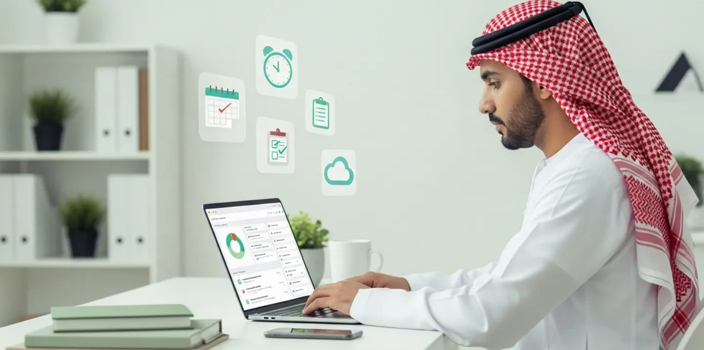 An Arab man remotely manages his employees' tasks using HR management software. Digital icons for time scheduling, appointments, and to-do lists appear.