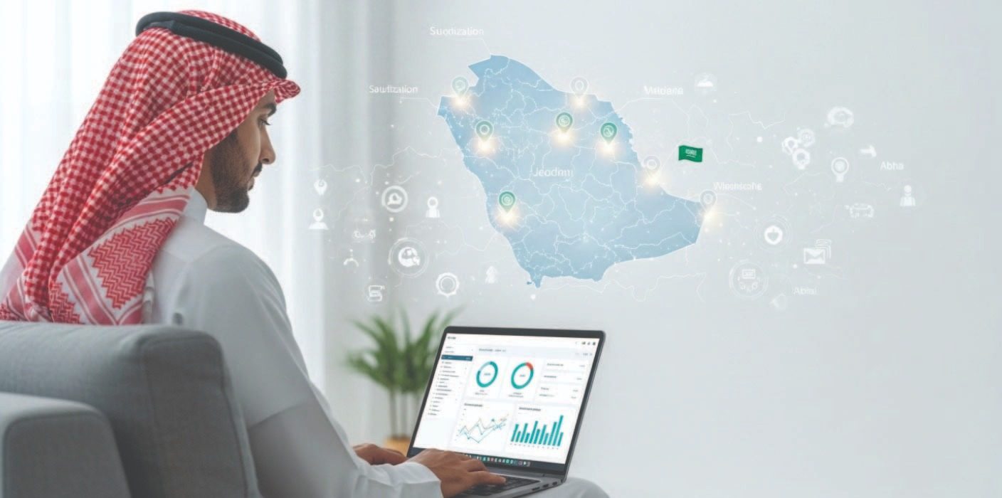 A Saudi man works remotely on a laptop, with a digital map of Saudi Arabia and business data in the background.