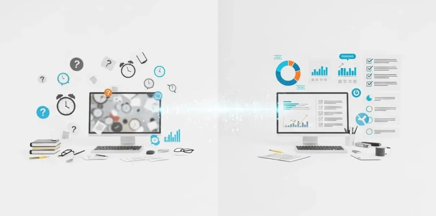 صورة مقارنة تظهر الفرق بين عشوائية توزيع المهام يدوياً والتحليل الوظيفي الرقمي المنظم عبر منصة بيك تايم لتعزيز كفاءة الموارد البشرية.