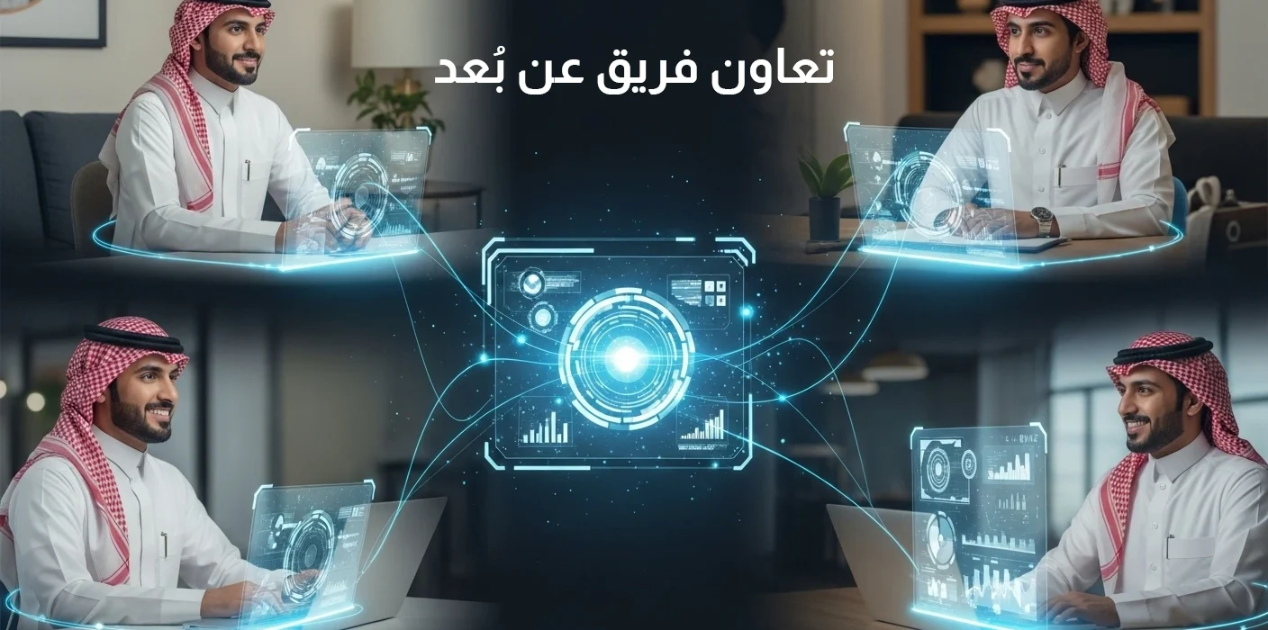 صورة رقمية تُظهر أربعة رجال يرتدون الزي السعودي، يجلسون ويعملون على حواسيب محمولة، تتصل شاشاتهم بشبكة رقمية مركزية مضيئة، مع عبارة "تعاون فريق عن بُعد".