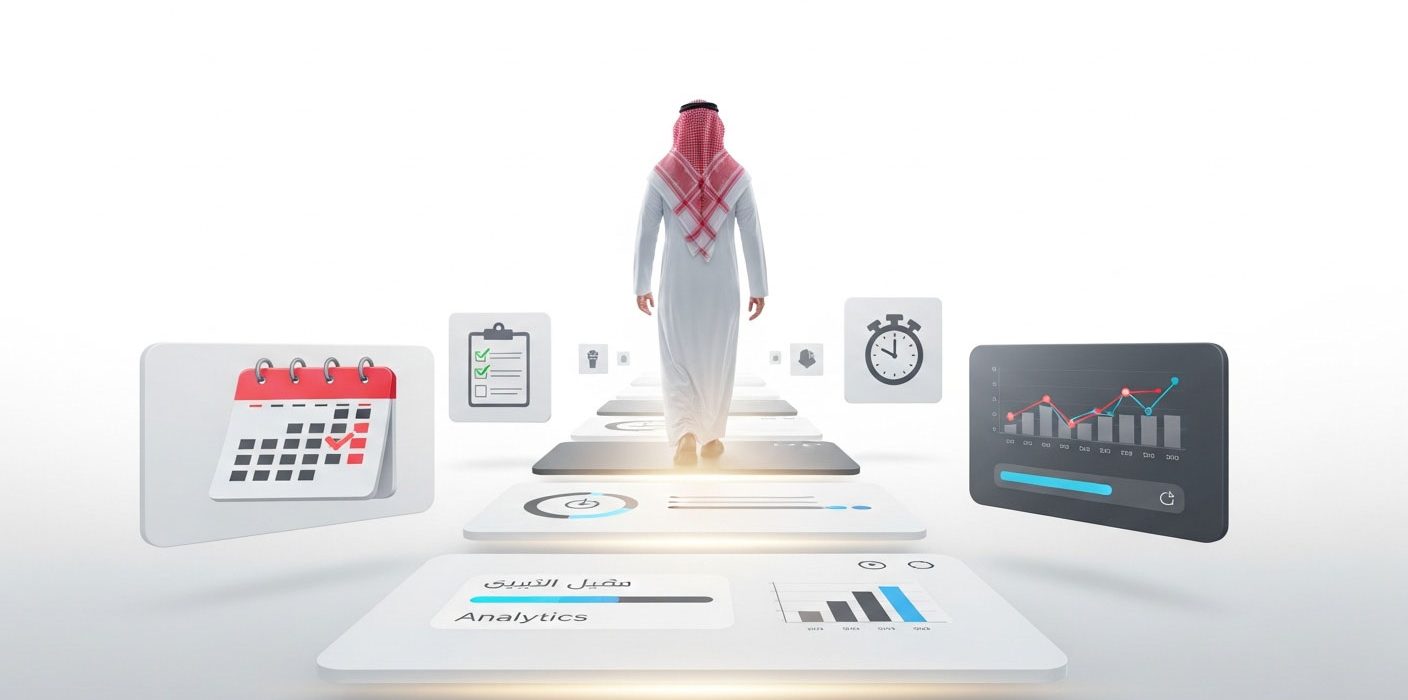 رجل خليجي يسير في بيئة رقمية محاطة بأيقونات أدوات تتبع الوقت والتحليلات، ترمز إلى تحسين أداء الموظفين.