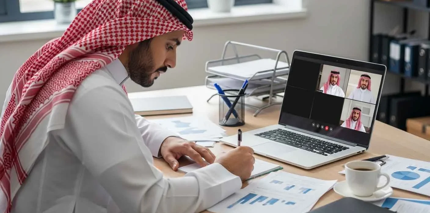 مواطن سعودي يعمل عن بعد على جهاز لابتوب، يجلس على مكتب ويشارك في اجتماع فيديو مع ثلاثة زملاء، مما يعكس تزايد العمل عن بعد في السعودية.