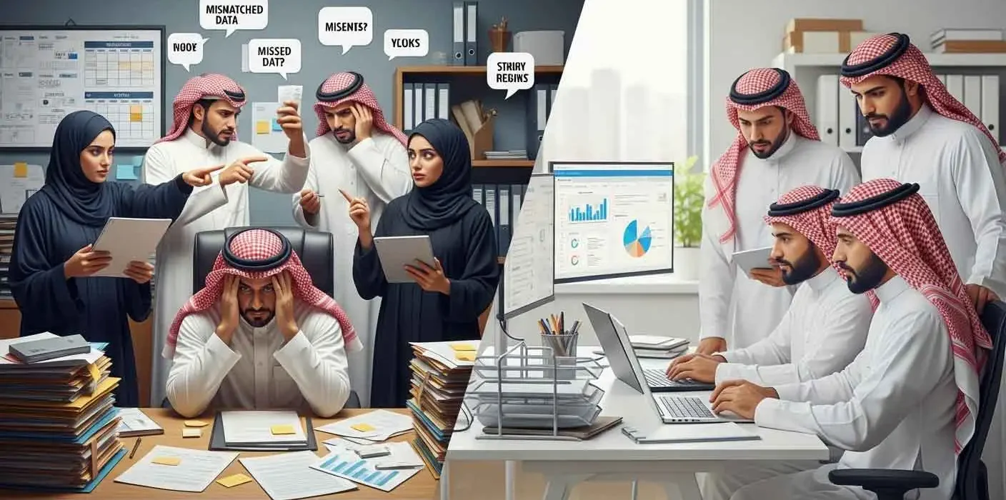 صورة توضيحية للمشاكل الإدارية في العمل وحلولها. يظهر الجانب الأيسر موظفين يعانون من المشاكل الإدارية، بينما يظهر الجانب الأيمن حلولًا بالادوات الذكية.