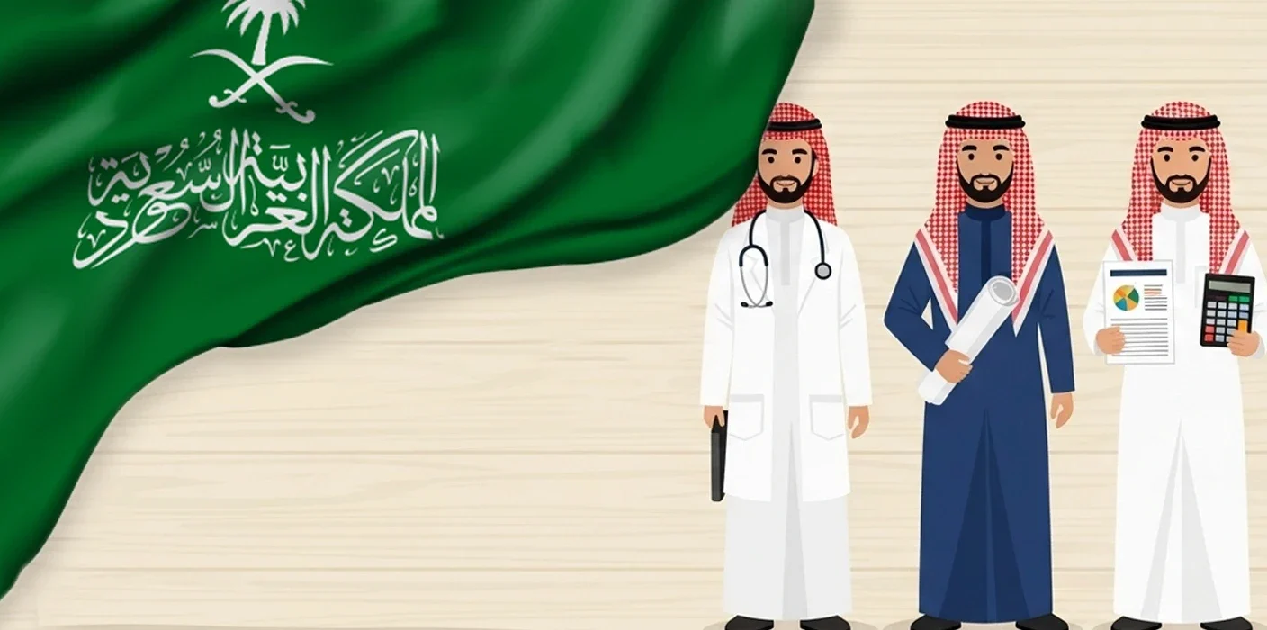 شباب سعودي يمثلون مستقبل توطين الوظائف في قطاعات حيوية كالصحة والهندسة والمحاسبة، في ظل جهود المملكة لتحقيق أهداف رؤية 2030.