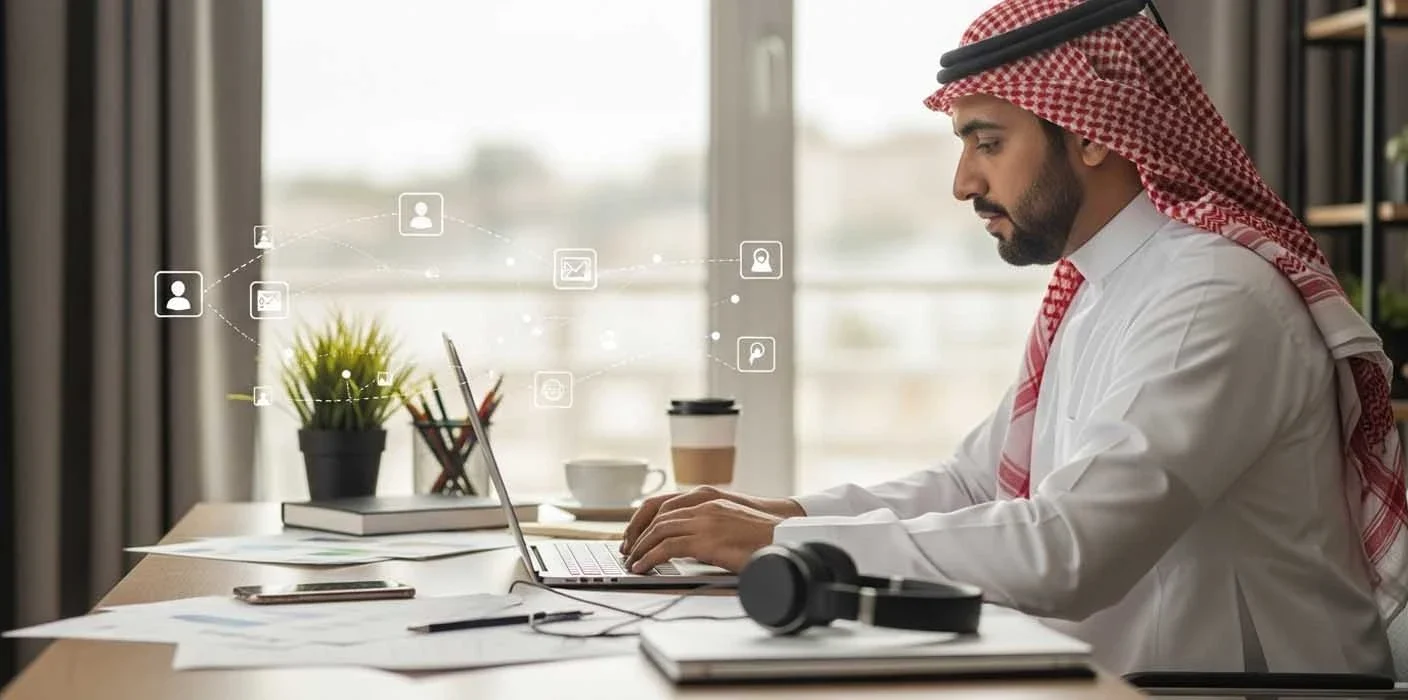 موظف سعودي يعمل عن بُعد على حاسوبه المحمول في مكتبه، مستفيدًا من بيئة عمل مرنة تدعم التوطين والتقنية الحديثة.