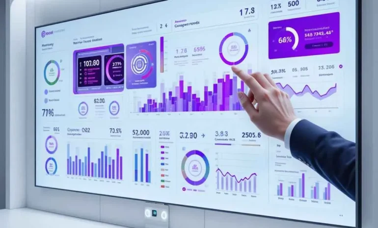 شاشة تفاعلية كبيرة تعرض لوحات تحكم وتحليلات بيانية متعددة تتعلق بالأداء وتتبع الوقت، مع رسوم بيانية دائرية وشريطية تُظهر بيانات إنتاجية ووقت العمل في بيئة عمل احترافية.