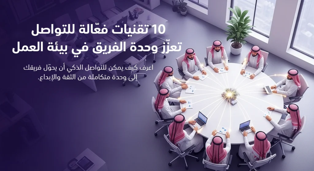 شريحة عرض بعنوان "10 تقنيات للتواصل الفعال لتعزز وحدة الفريق في بيئة العمل"، تظهر فريق عمل يجلس حول طاولة اجتماعات بيضاء مستديرة، وكلهم يرتدون الزي السعودي التقليدي ويتفاعلون في بيئة مكتبية مضيئة.