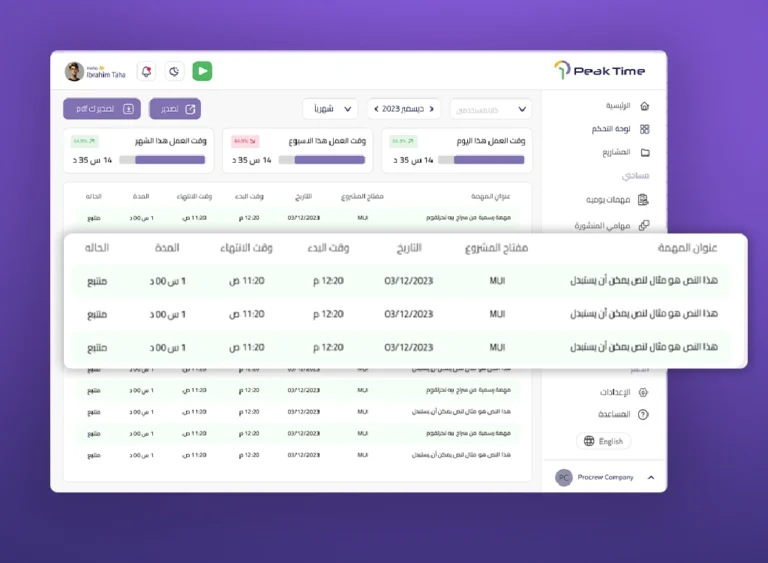 نموذج تقرير مشروع لموظفين من أداة بيك تايم لتتبع الوقت والمهام