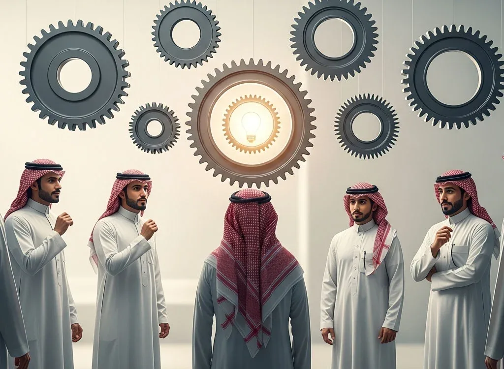 Image of Arab men and gears with a glowing lamp, symbolizing effective communication techniques for generating ideas and cooperation