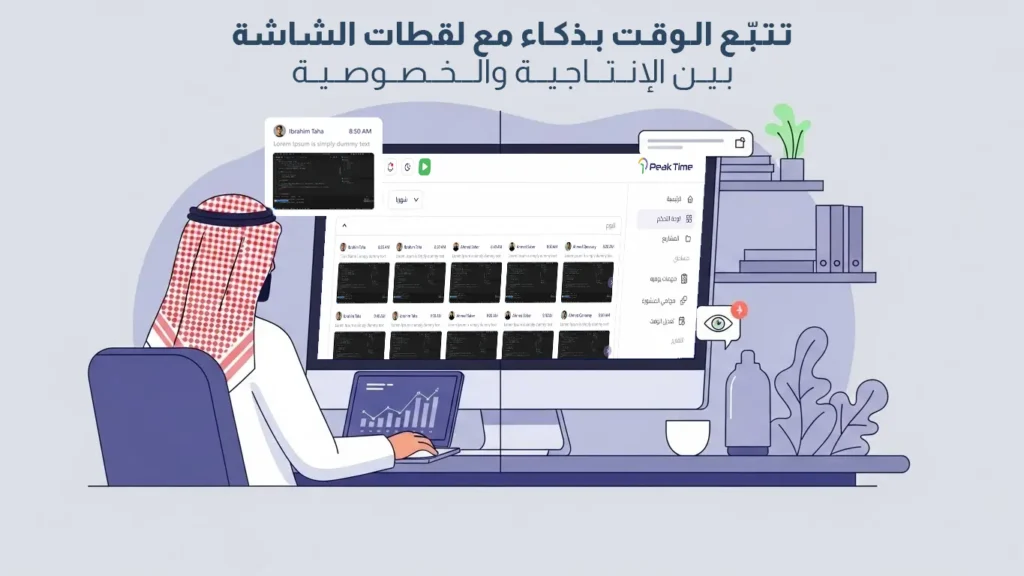 لوحة تحكم ذكية تعرض نظام تسجيل ساعات العمل وتتبع أنشطة شاشات الموظفين لتعزيز الإنتاجية وإدارة فرق العمل عن بعد بدقة.