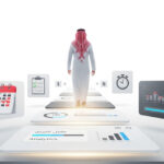 رجل خليجي يسير في بيئة رقمية محاطة بأيقونات أدوات تتبع الوقت والتحليلات، ترمز إلى تحسين أداء الموظفين.
