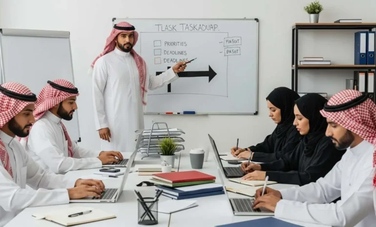 صورة لموظفين سعوديين في اجتماع عمل. المدير يشير إلى لوح أبيض بقائمة مهام، مما يوضح حل المشاكل الإدارية بالتنظيم.