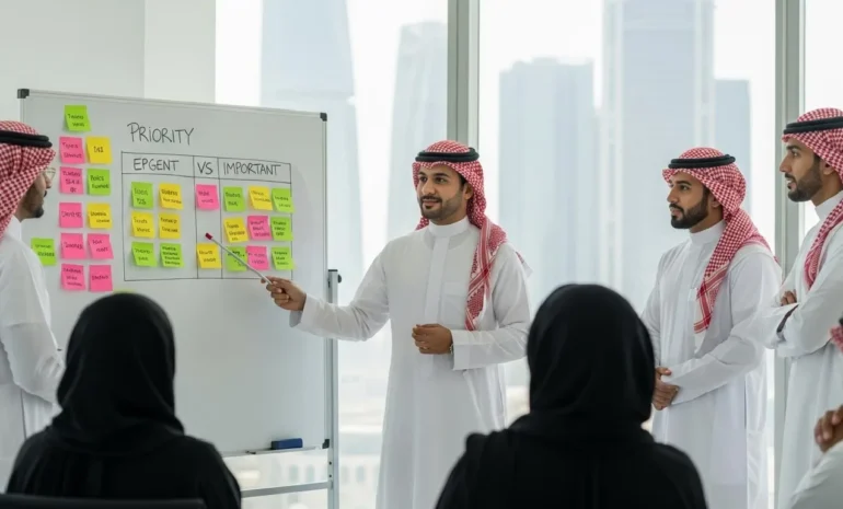 مجموعة من المهنيين الخليجيين يشاركون في اجتماع عمل لمراجعة وتحديد أولويات المهام على لوح أبيض.