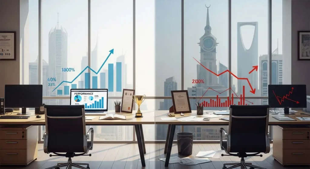 The image contrasts two office desks with city views: one with an upward performance chart (blue, growing), the other with a downward trend (red, declining), symbolizing employee performance measurement.