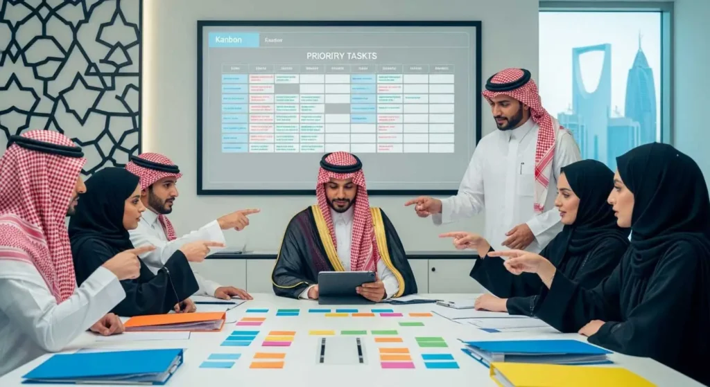 A team in traditional attire actively prioritizes tasks in a meeting. A digital "PRIORITY TASKS" board is visible, guiding their focused discussion and pointing gestures.
