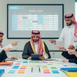 A team in traditional attire actively prioritizes tasks in a meeting. A digital "PRIORITY TASKS" board is visible, guiding their focused discussion and pointing gestures.