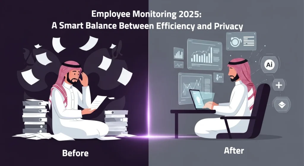 Diagram showing a shift from inefficient, paper-heavy work (Before) to efficient, digitized work (After) via Smart Employee Monitoring