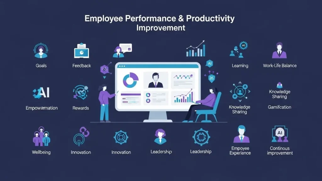 Employee productivity improvement infographic showing AI empowerment, feedback, and goals on a digital performance dashboard.