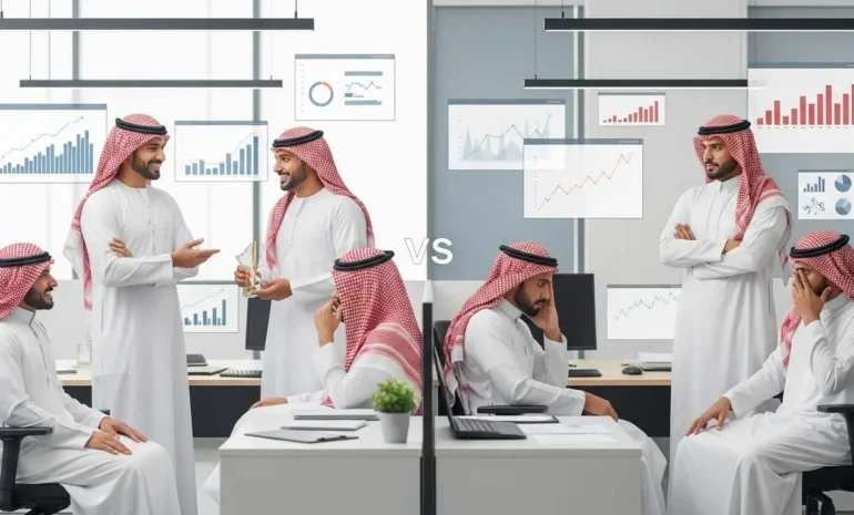 The image contrasts "smart performance" (left) with positive charts and engaged men, "VS" a scenario (right) with negative trends and concerned men.