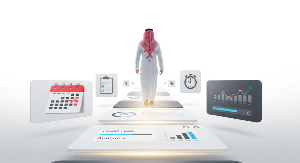رجل خليجي يسير في بيئة رقمية محاطة بأيقونات أدوات تتبع الوقت والتحليلات، ترمز إلى تحسين أداء الموظفين.