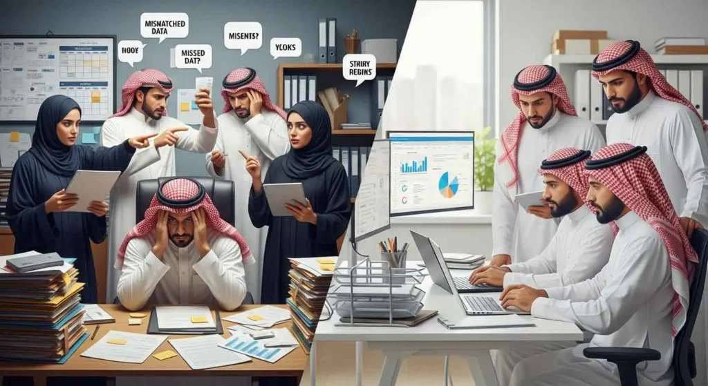 صورة توضيحية للمشاكل الإدارية في العمل وحلولها. يظهر الجانب الأيسر موظفين يعانون من المشاكل الإدارية، بينما يظهر الجانب الأيمن حلولًا بالادوات الذكية.