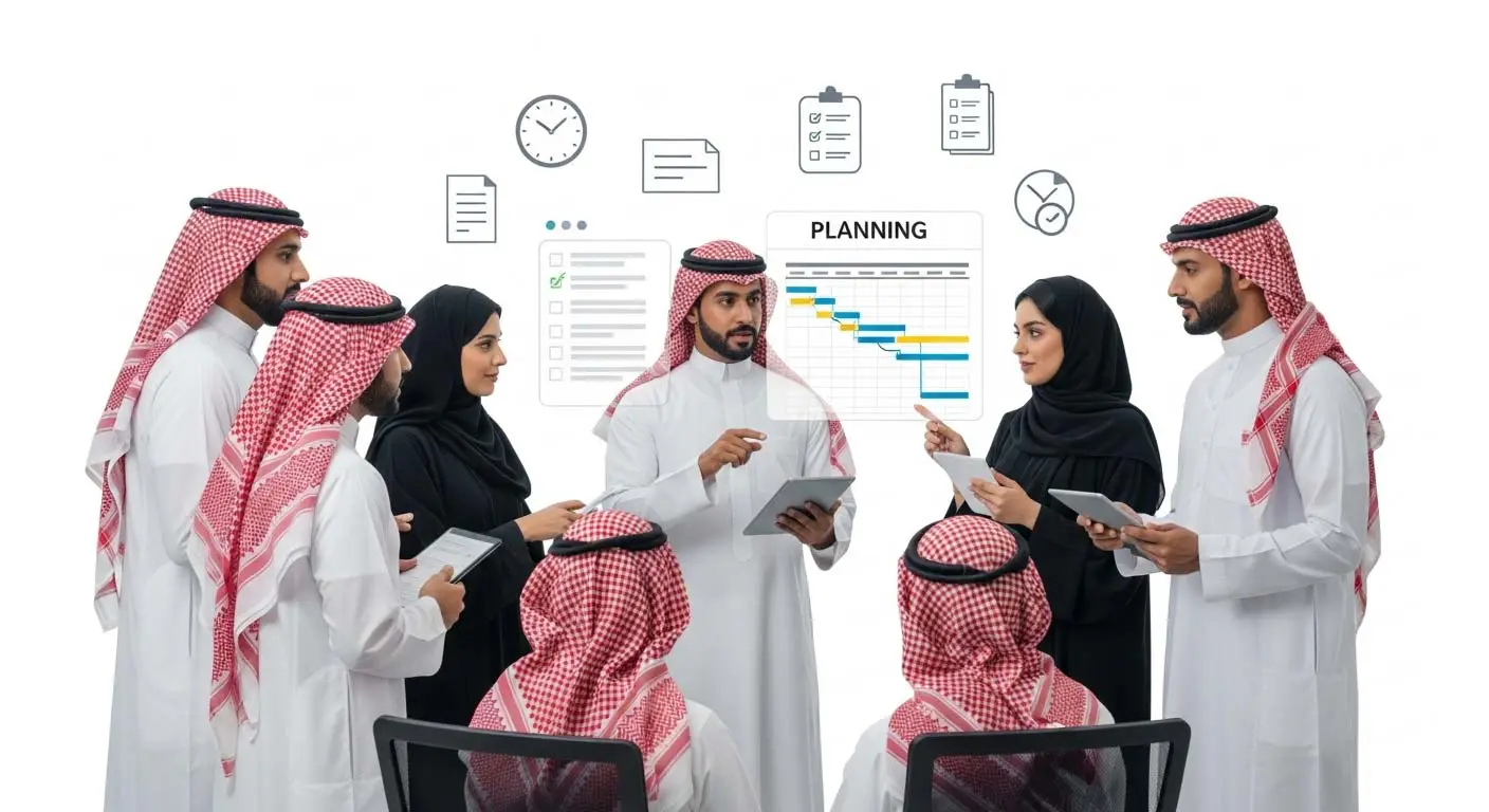 الصورة تعبر عن إدارة وقت الفريق وتتبعه في بيئة عمل تعاونية، تضم فريقاً عربياً يخطط وينظم المهام بكفاءة.