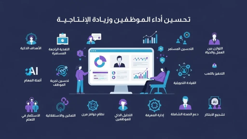 إنفوجرافيك حول تحسين أداء الموظفين وزيادة الإنتاجية، يوضح استراتيجيات تشمل الذكاء الاصطناعي، القيادة التحويلية، والتمكين لتحقيق بيئة عمل متطورة.