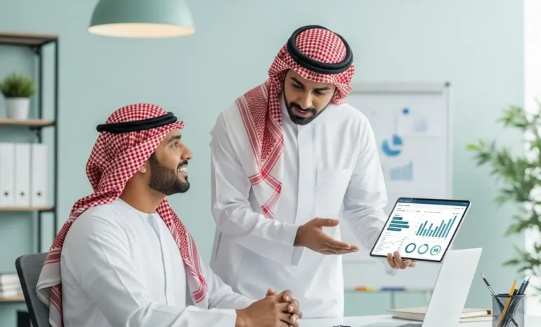 رجلان سعوديان يناقشان تحليل بيانات على جهاز لوحي في مكتب. يعرض الجهاز رسومًا بيانية، مما يشير إلى مراجعة الأداء العمل والموظفين