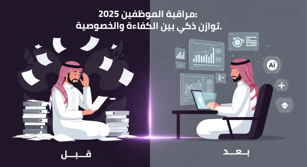 هذه الصورة تظهر مقارنة بين مراقبة الموظفين "قبل" (تكدس أوراق وإرهاق) و"بعد" عام 2025 (استخدام برامج الأدارة لتحقيق توازن ذكي بين الكفاءة والخصوصية).