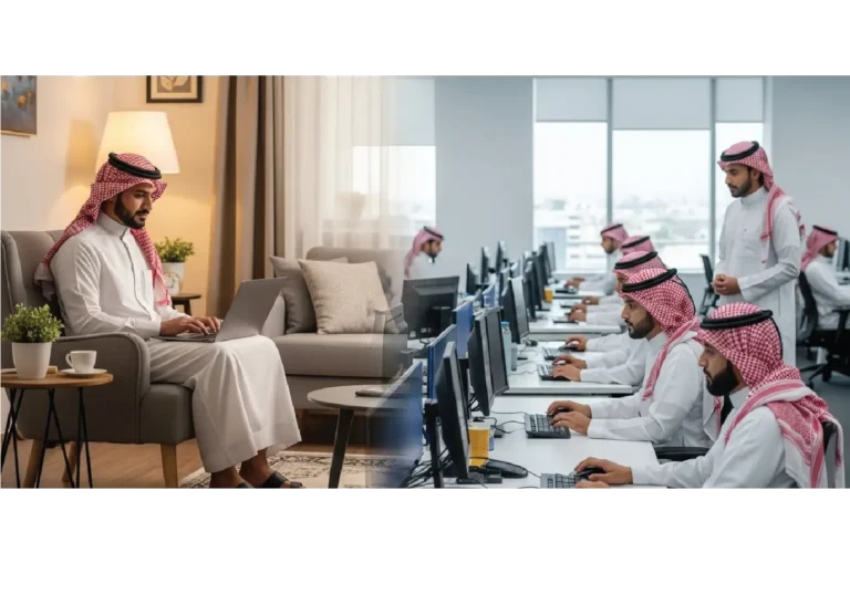 التوازن العصري بين العمل عن بعد في السعودية من المنزل، والعمل التقليدي المكتبي، مما يبرز المرونة في بيئات العمل الحديثة.