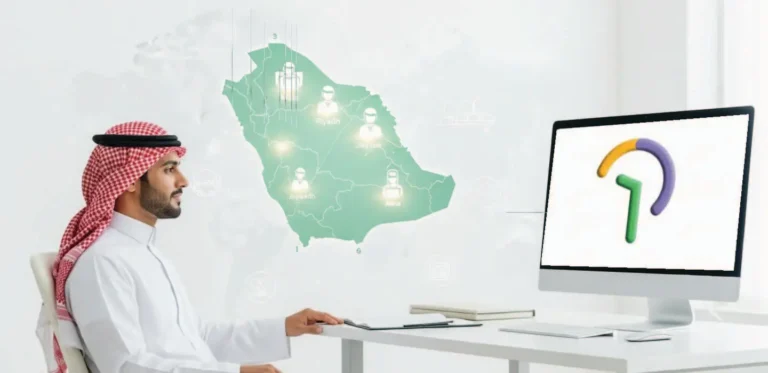 رجل سعودي بالزي التقليدي يجلس أمام كمبيوتر يعرض نظام تتبع الموظفين عن بُعد وبيك تايم، وخريطة السعودية مضيئة بنقاط تمثل مواقع الموظفين.