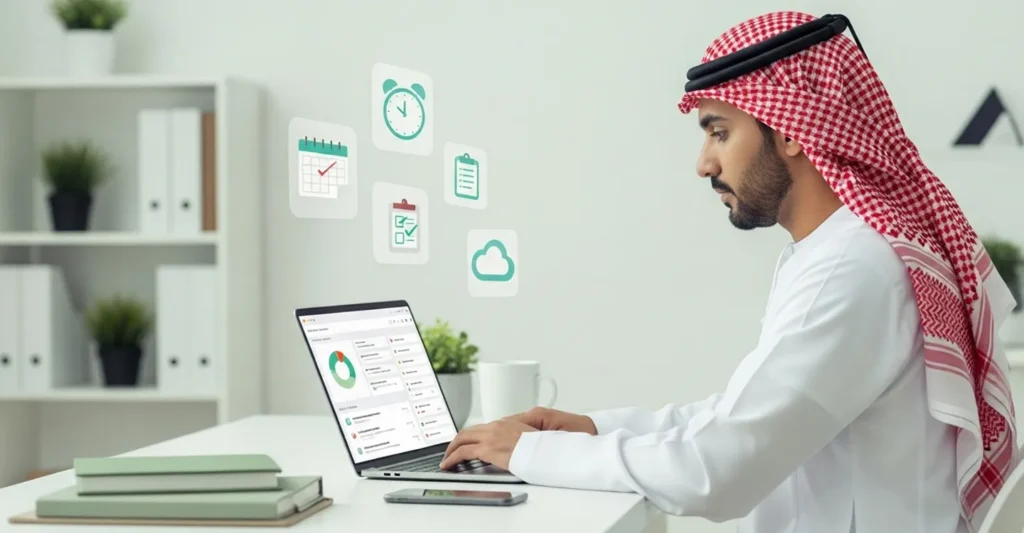 An Arab man remotely manages his employees' tasks using HR management software. Digital icons for time scheduling, appointments, and to-do lists appear.
