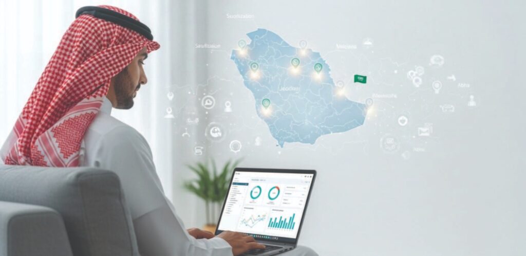 A Saudi man works remotely on a laptop, with a digital map of Saudi Arabia and business data in the background.