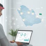 A Saudi man works remotely on a laptop, with a digital map of Saudi Arabia and business data in the background.