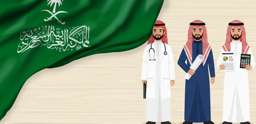 شباب سعودي يمثلون مستقبل توطين الوظائف في قطاعات حيوية كالصحة والهندسة والمحاسبة، في ظل جهود المملكة لتحقيق أهداف رؤية 2030.
