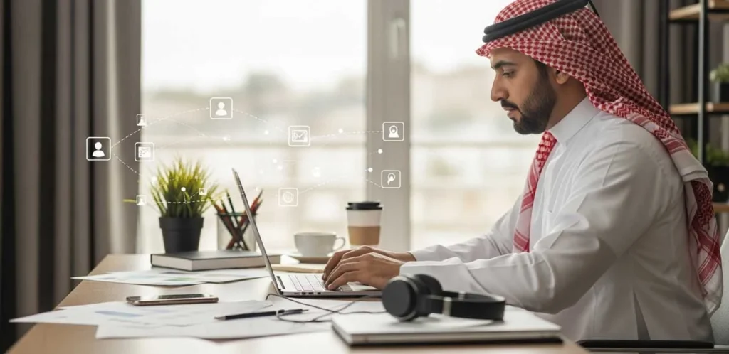 موظف سعودي يعمل عن بُعد على حاسوبه المحمول في مكتبه، مستفيدًا من بيئة عمل مرنة تدعم التوطين والتقنية الحديثة.