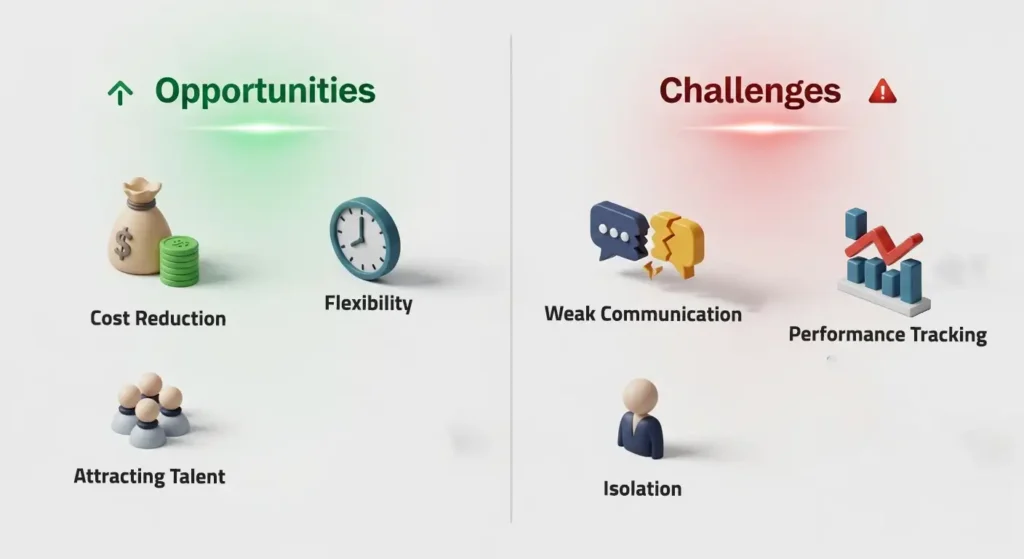 Infographic showing the Opportunities (Cost Reduction, Flexibility, Attracting Talent) and Challenges (Weak Communication, Performance Tracking, Isolation) of Remote Work.