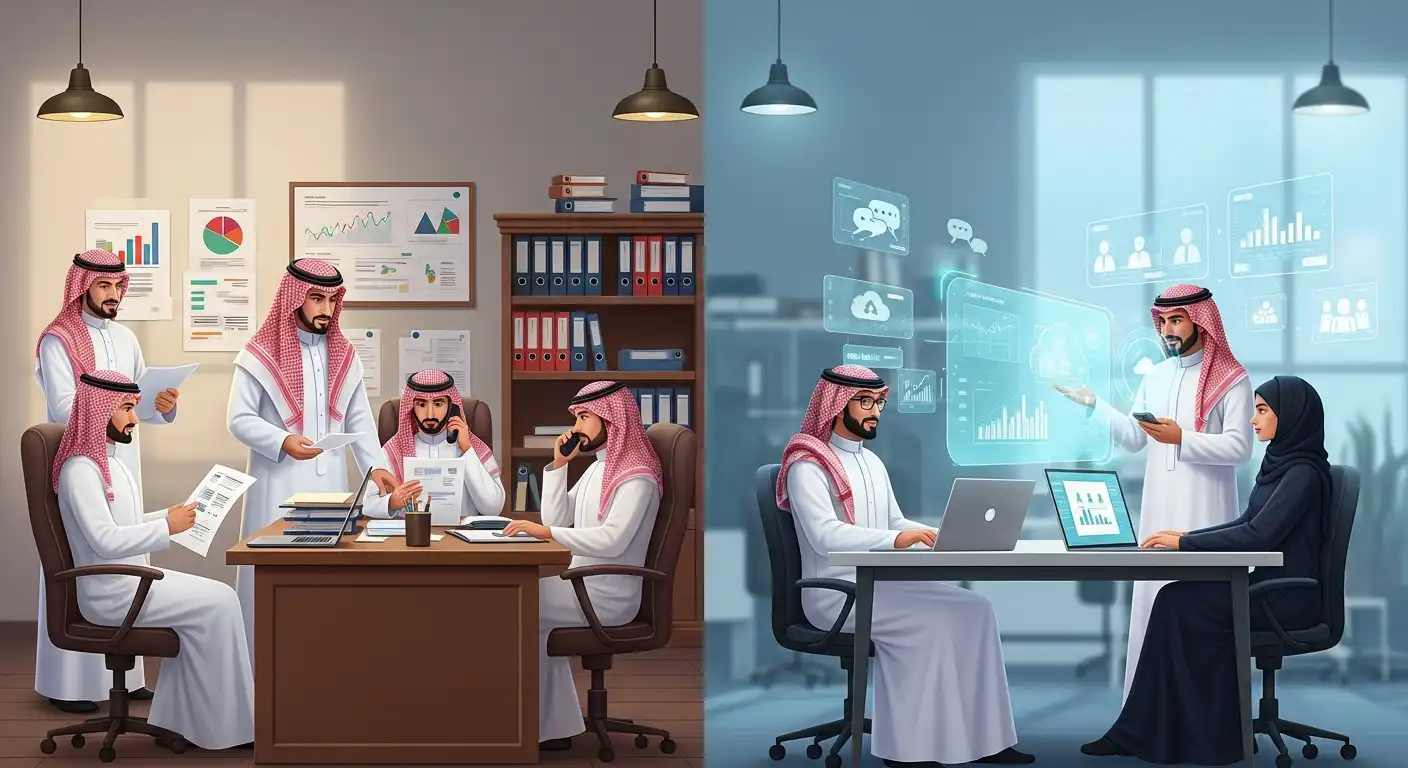 صورة توضح الفرق بين إدارة المشاريع التقليدية والحديثة، حيث يظهر على اليسار عمل ورقي تقليدي، وعلى اليمين عمل رقمي بتقنيات حديثة.